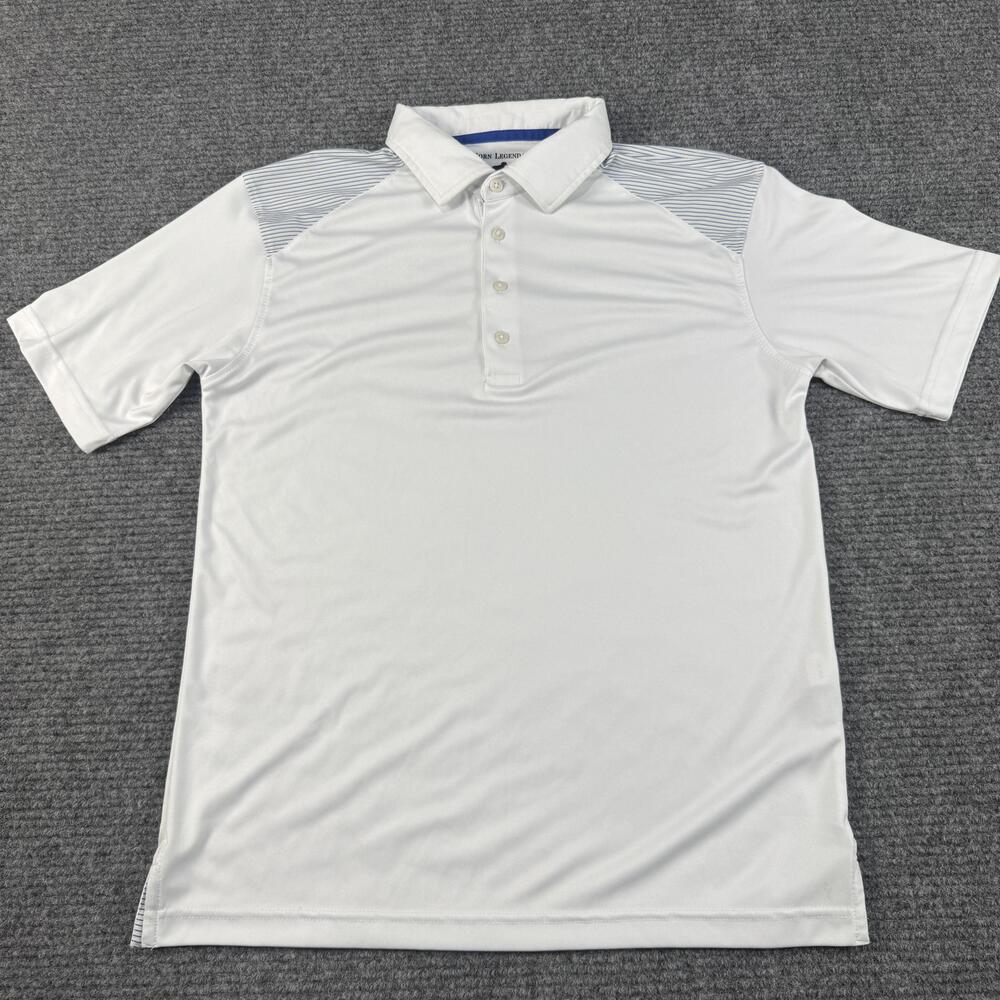 Horn Legend Polo Shirt Mens Large White Blue Striped Shoulder Golf Performance